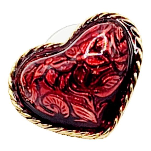 Vintage AVON Red Heart Earrings With Gold Tone Trim and Floral Design - Picture 3 of 7